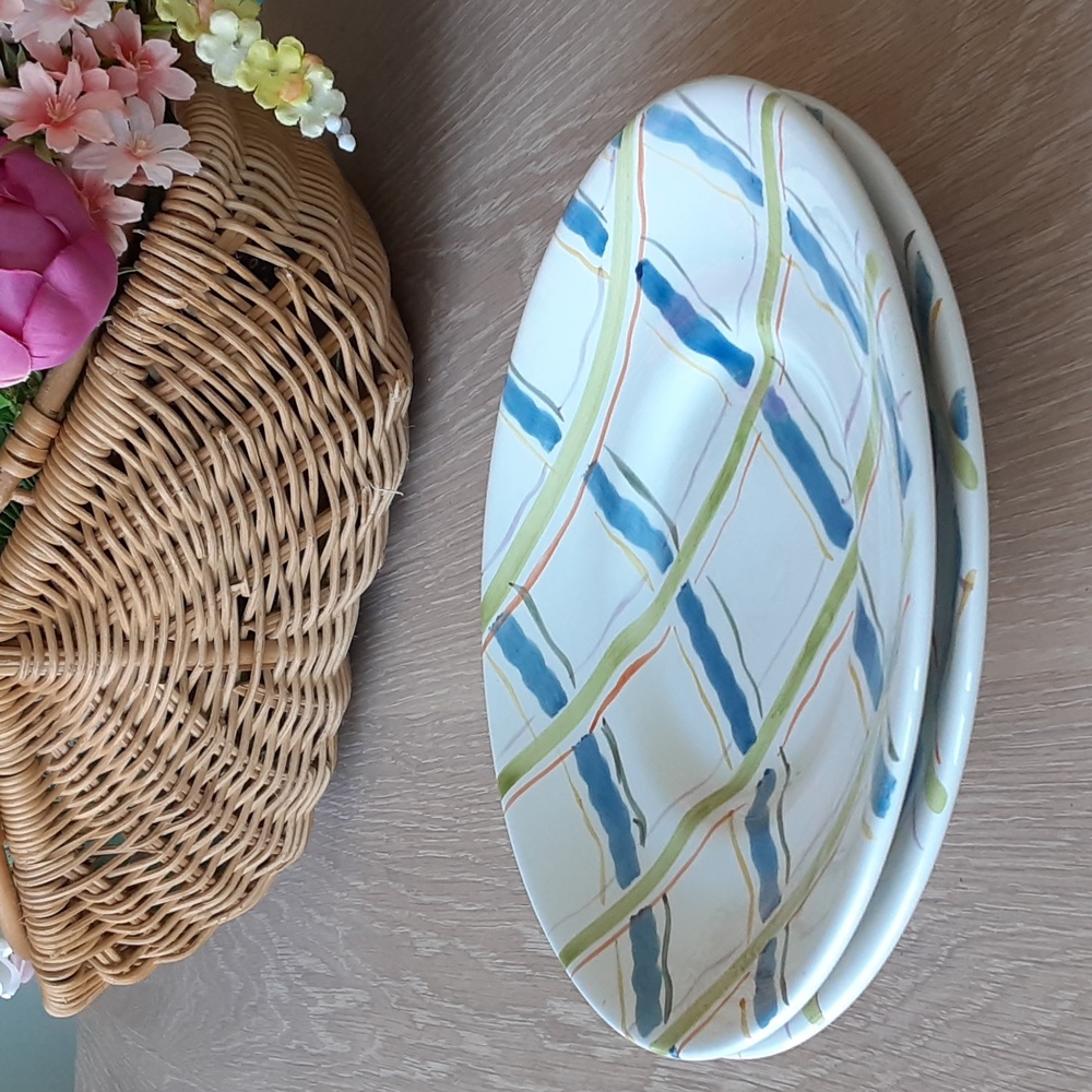 Eddie Bauer Home Blue Green Plaid Shallow Salad Bowls 8.5" x 1.5" Set of 2
